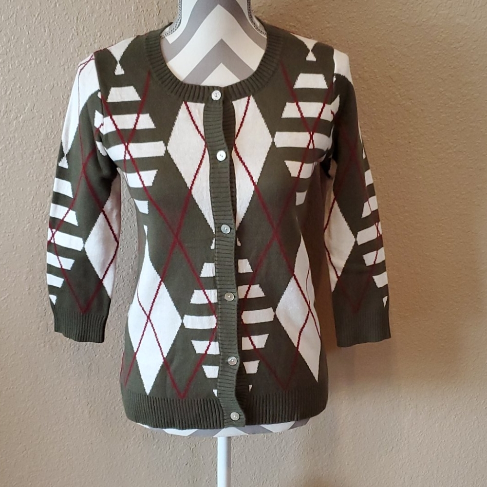 Copper Key Olive Green/Burgundy Argyle Cardigan